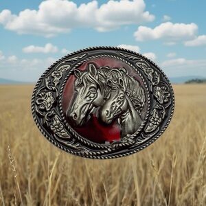Western Style Belt Buckle 3D Design Of Two Horses Red Background Silver Tone